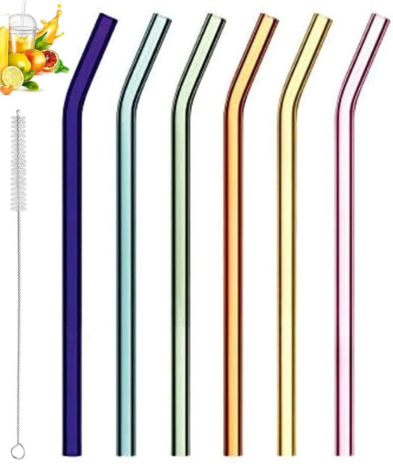 Glas-Trinkhalm, farbig, 6-er Set gebogen mit Bürst